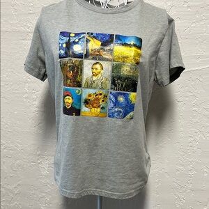 SHEIN Gray Short Sleeve Tee with Van Gogh Artistic Print